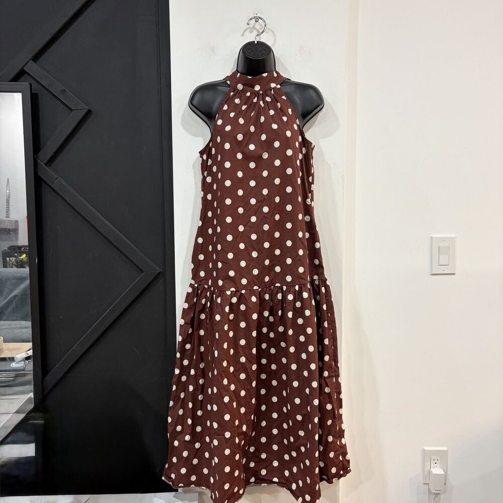 Nicole Miller Brown Polka Dot Drop Waist Halter Midi Dress Size Small Retro